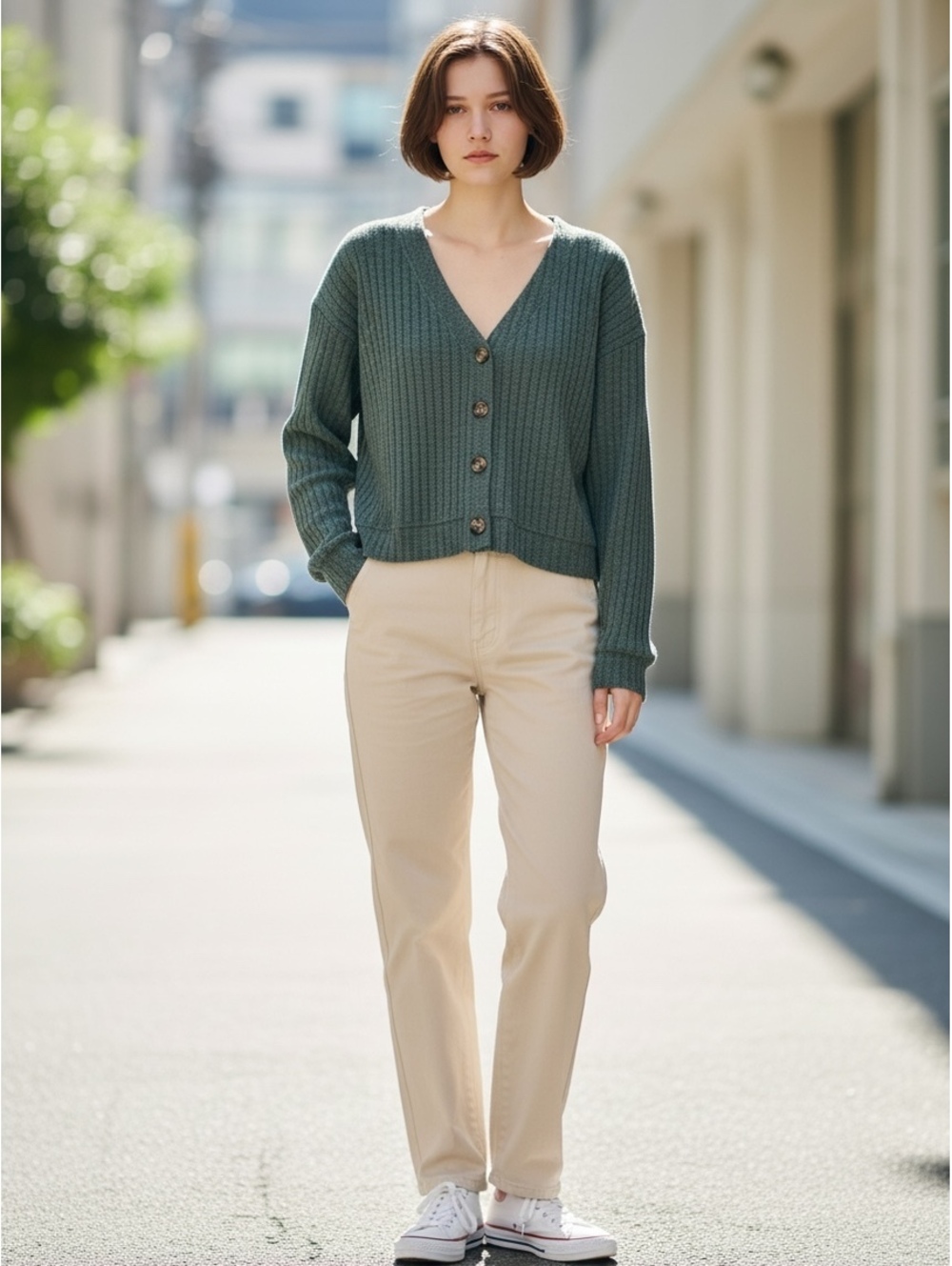 SO Women's Ribbed V-Neck Button-Up Cardigan Sweater Size S Green